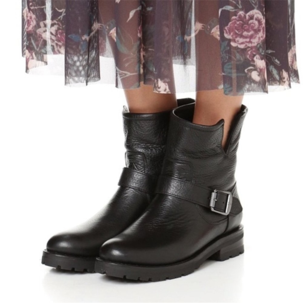 $388 Frye Natalie Engineer Black Leather  Short Moto Belted Casual Lug AnkleBoot